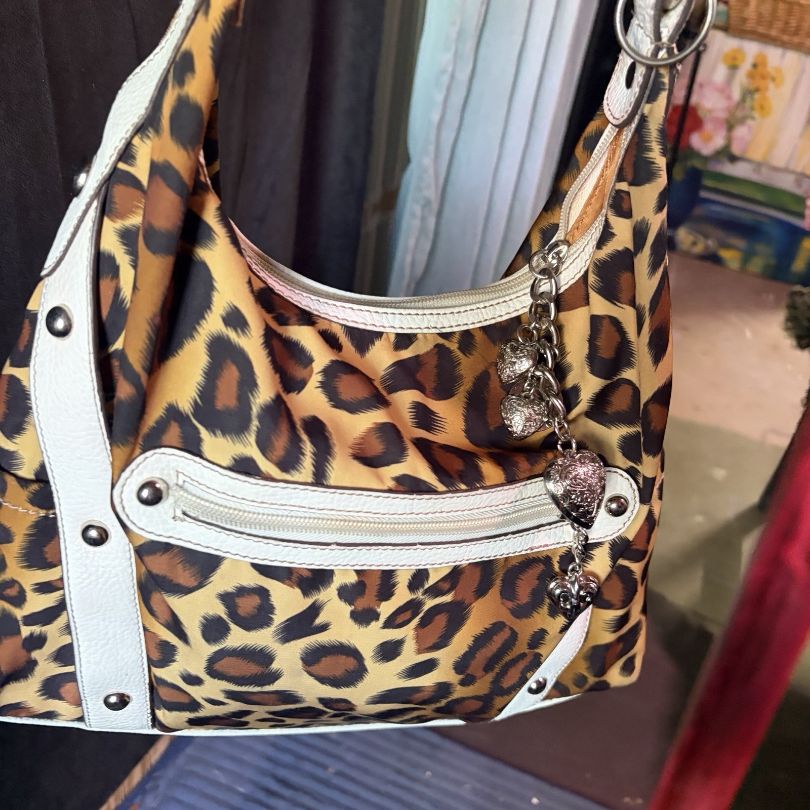 Kathy Van Zeeland Leopard Print Shoulder Bag Zip Pockets Studded Heart Charm