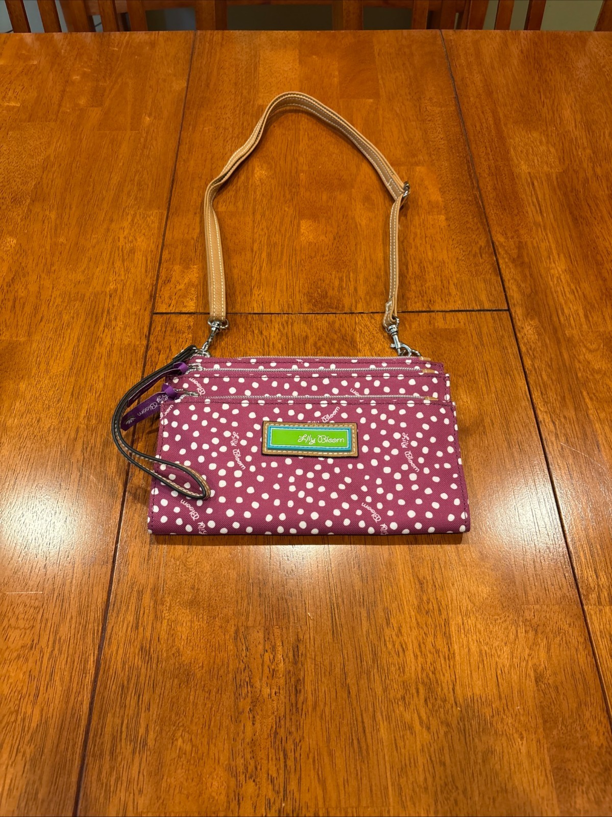 Lily Bloom Magenta Polka Dot Crossbody Purse w/ Wristlet Strap 5.75″ x 8.25″