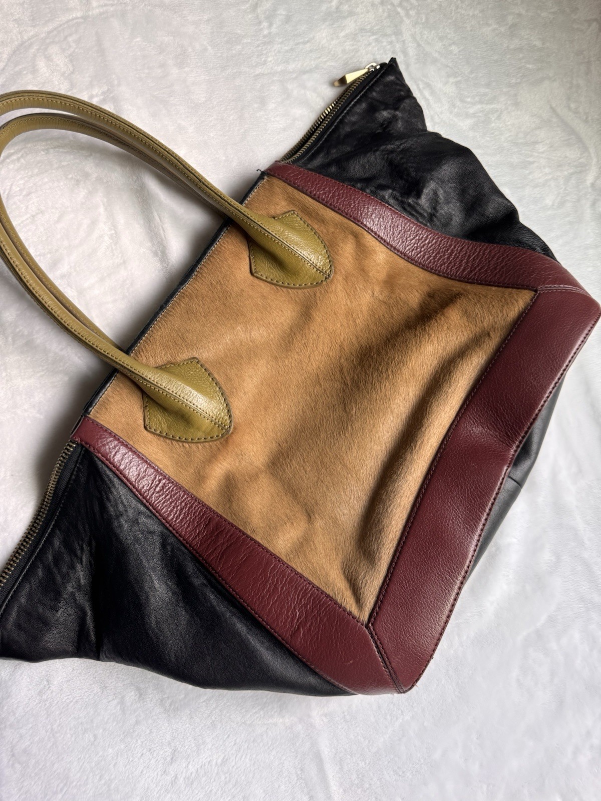 Pour La Victoire Calf Pony Hair Leather Colorblock Tote Bag Burgundy Black