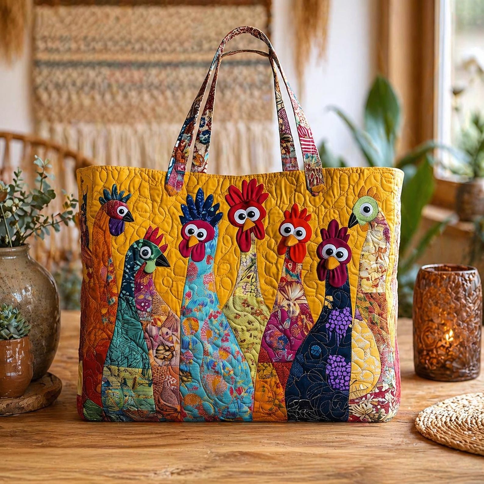 Colorful Chicken Quilt Style Tote Bag, Handmade Patchwork Style Farmhouse Tote,