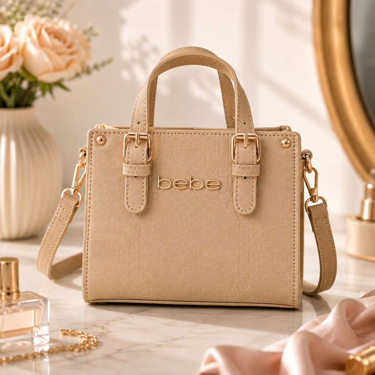 BEBE Zenia Embossed Mini Satchel – Almond