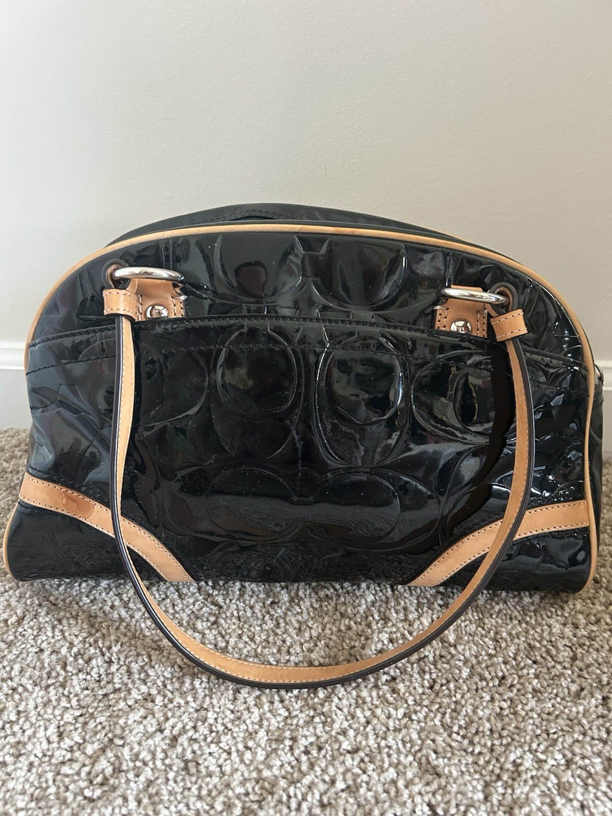 Patent Leather Coach “Peyton” F20065 Purse Black w/Tan Leather Accents
