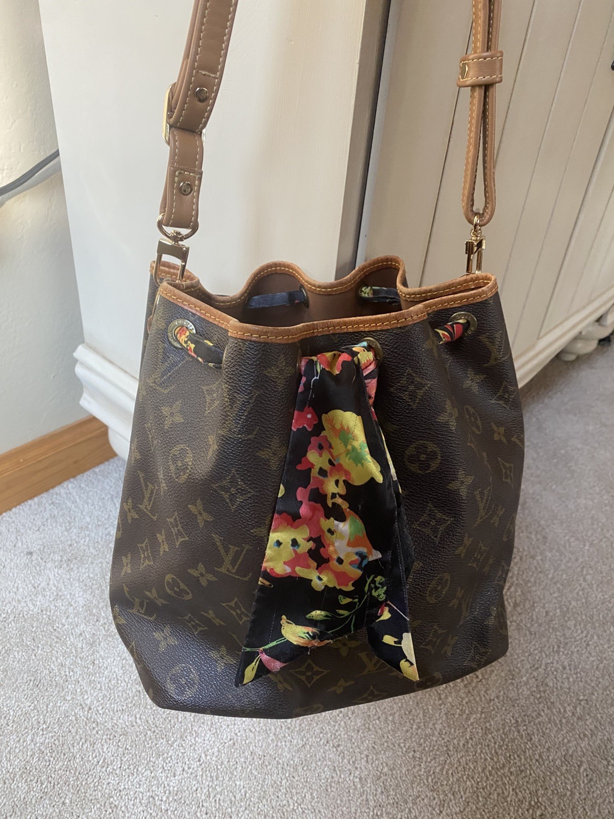 Vintage Louis Vuitton Petit Noe Bucket Bag Brown Canvas Leather Monogram Samorga