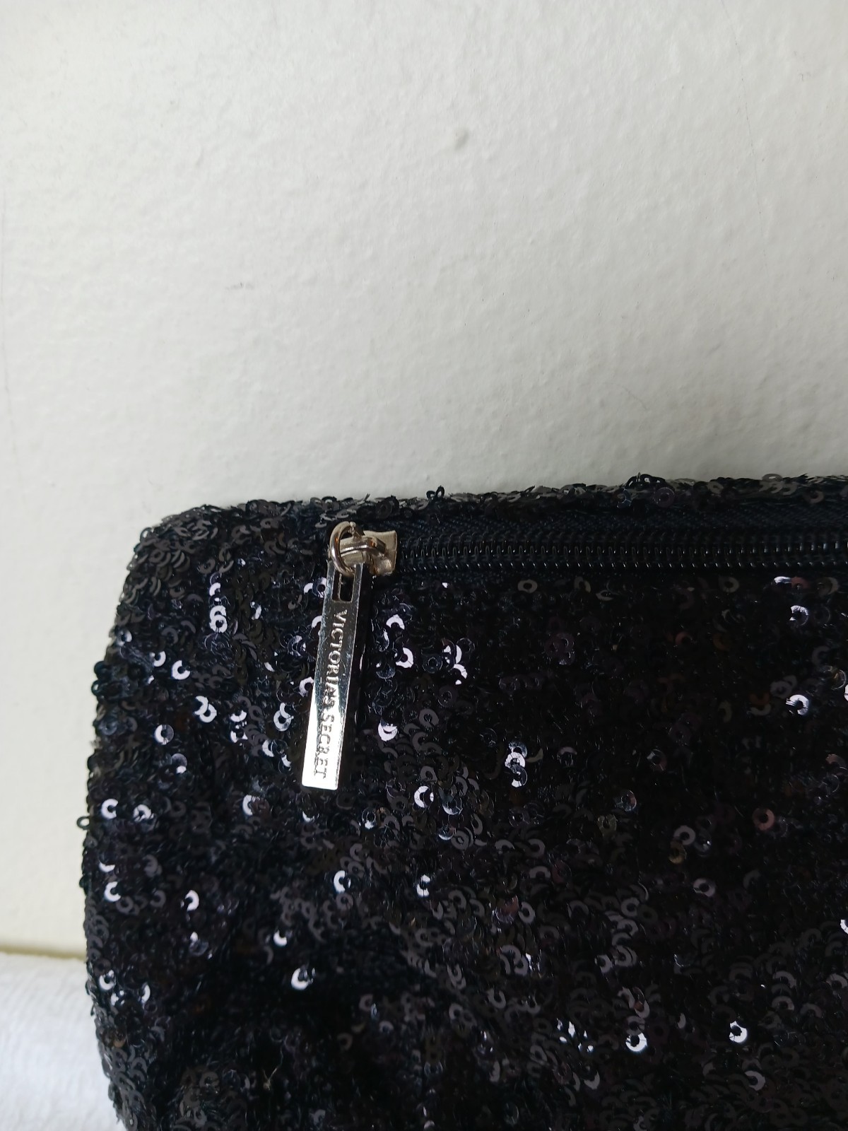 Victoria’s Secret Black Sequin Logo Rectangle Clutch Zip Snap Silver Hardware