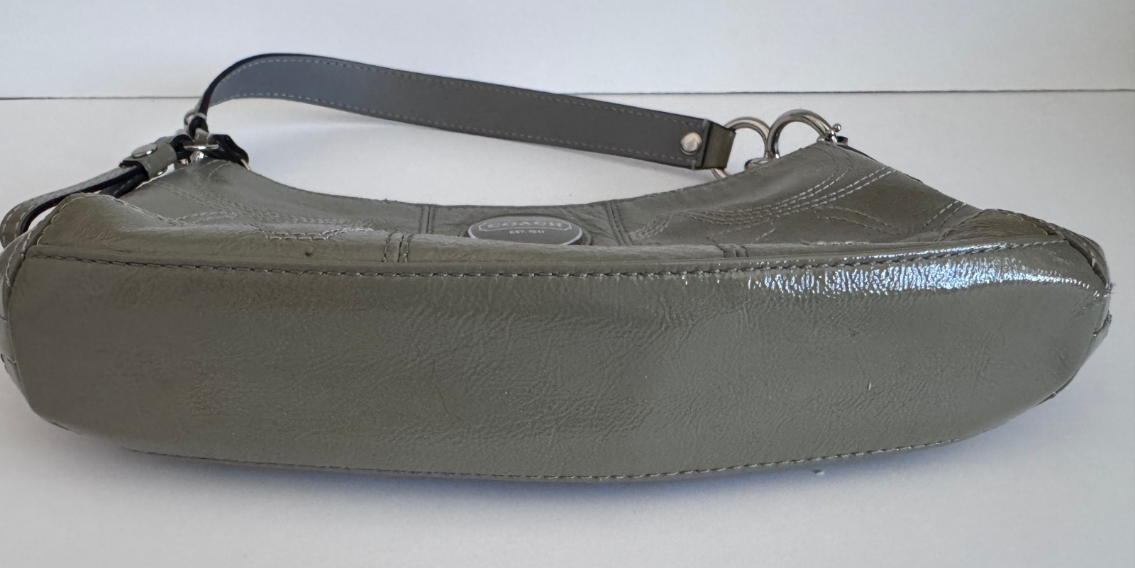 Coach Light Gray Signature Stitched Patent Leather F15141 Shoulder Handbag