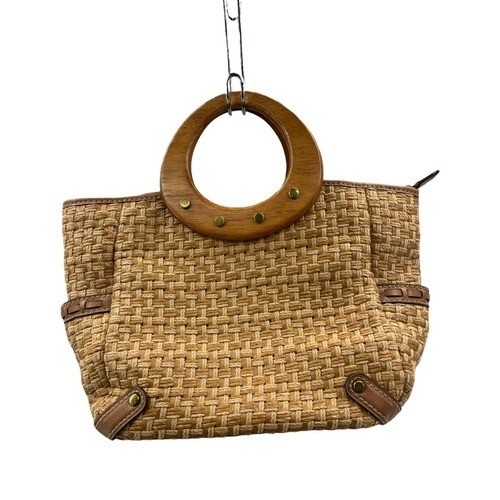 Fossil Handbag Women Small Tan Good Woven Straw Wood Handle Modern Vintage Bag