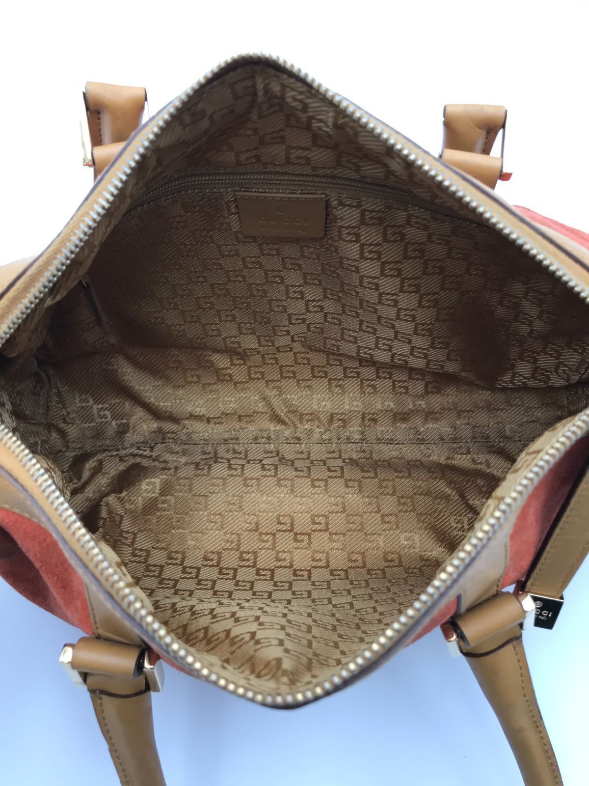 Authentic GUCCI Mini Boston Handbag Suede Leather G Logo Pattern 27.5cm Damaged