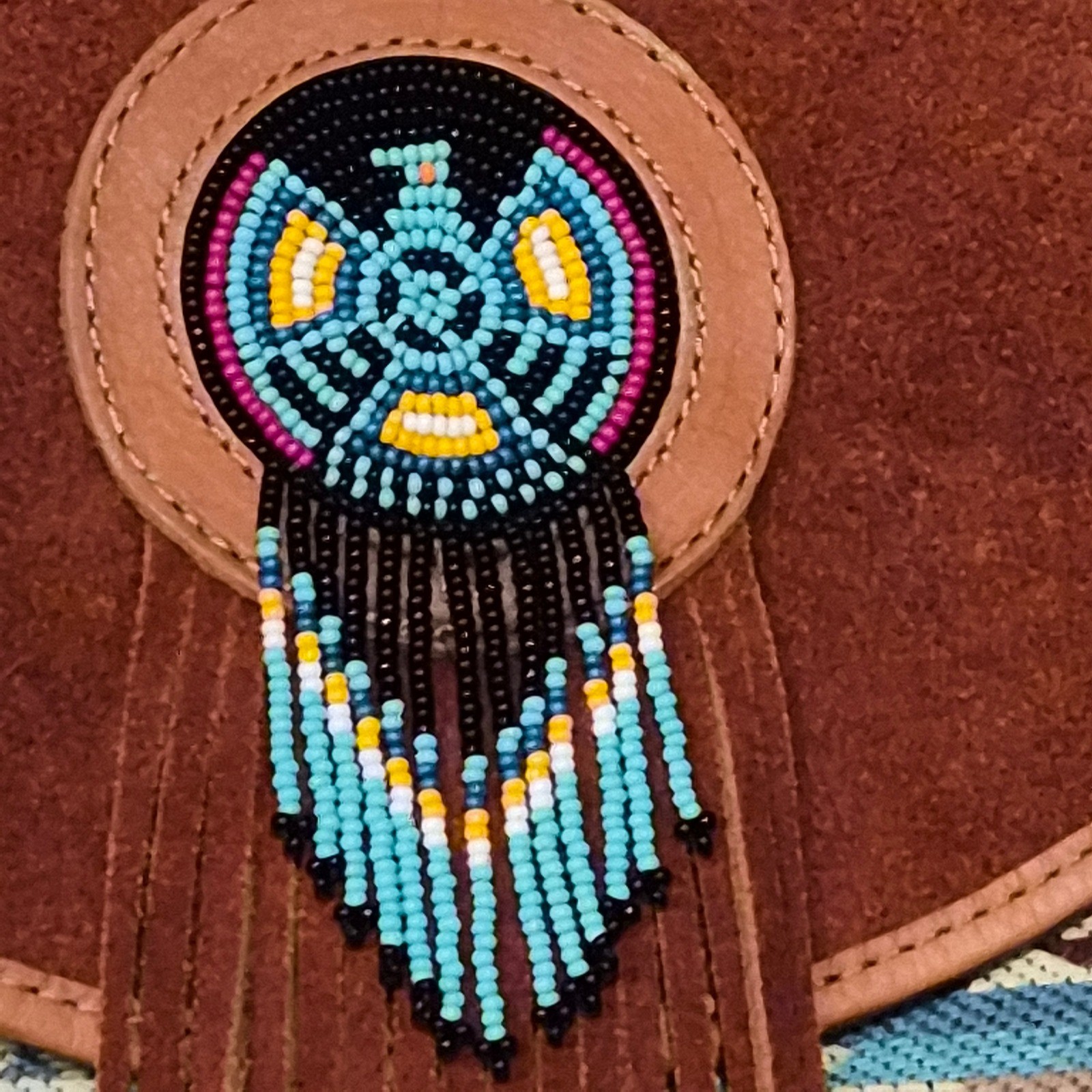 Mallky Suede Southwestern Beaded Thunderbird Fringe Crossbody Bag Brown Bohemian
