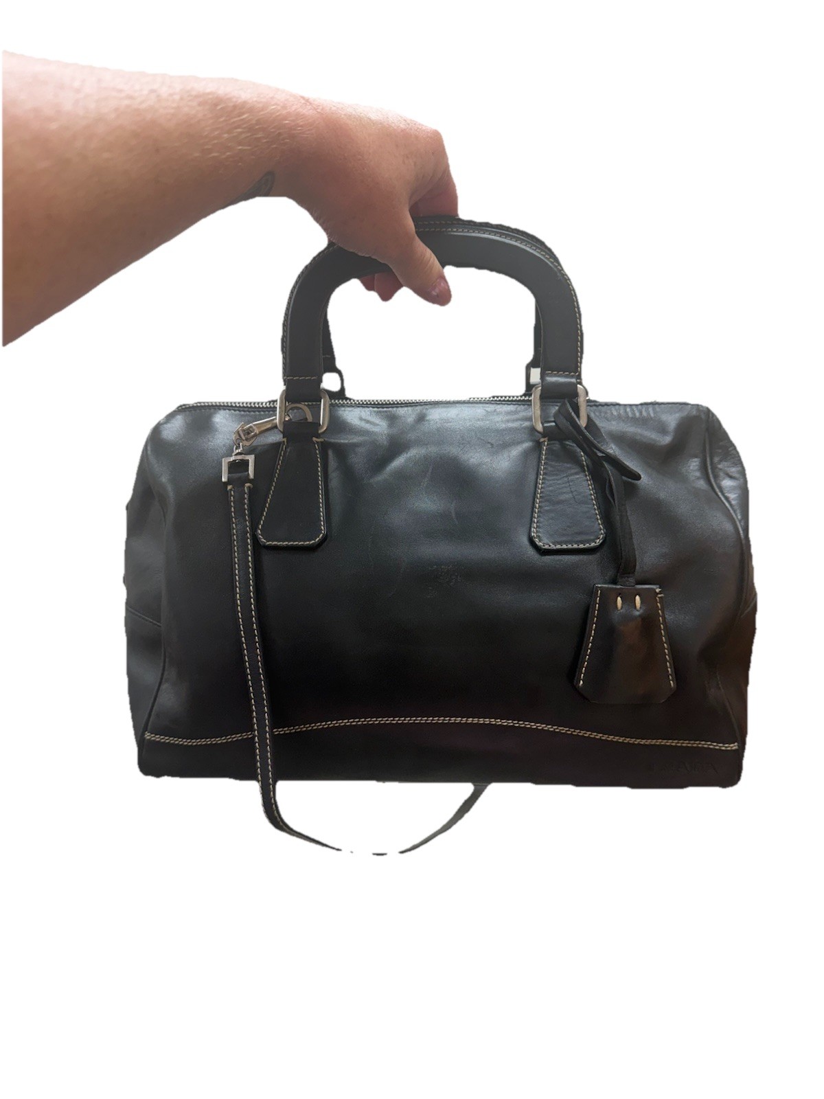 Vintage Prada Black Leather Doctor Bag Bowler Satchel Weekender Lock Key