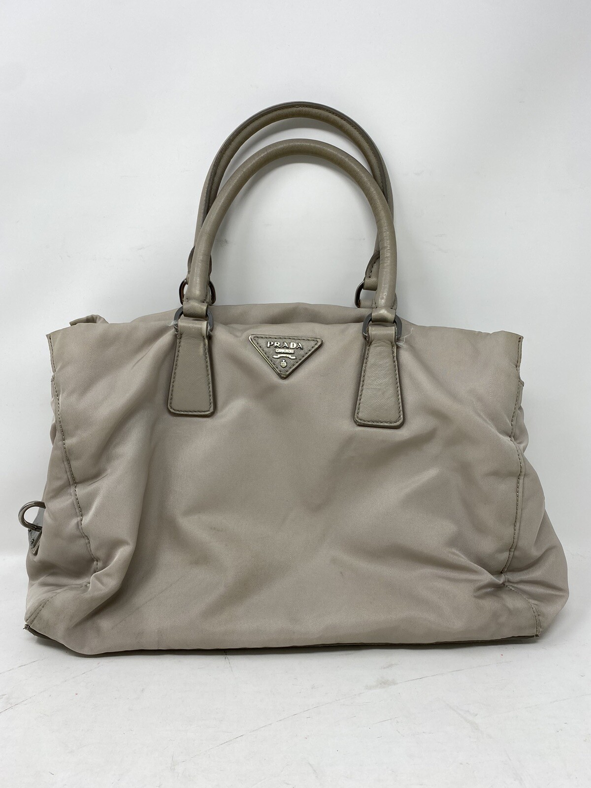 Prada Purse Bag Handbag Nylon Saffiano Tote Beige Light Gray RARE Size 10 x 12