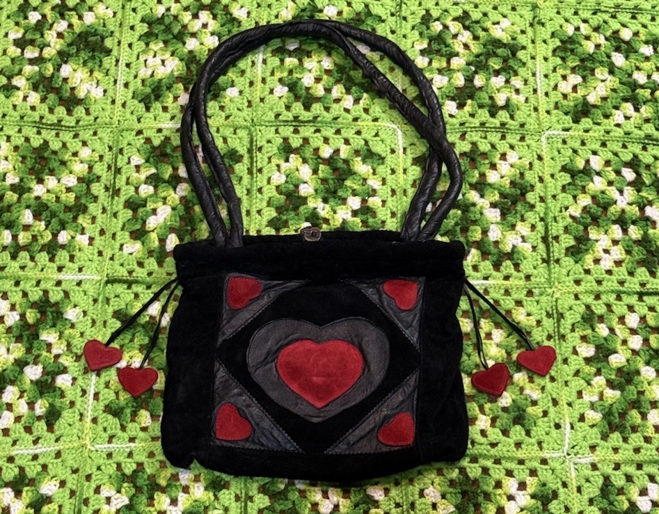 Vtg Teufel-Design Germany Leather Suede Unique Black Red Hearts Purse Bag Punk