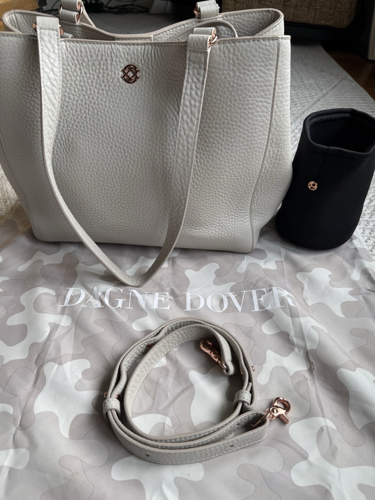 Dagne Dover Large Tote Bag Bone Pebbled Zip w/ Detachable Strap, Pockets