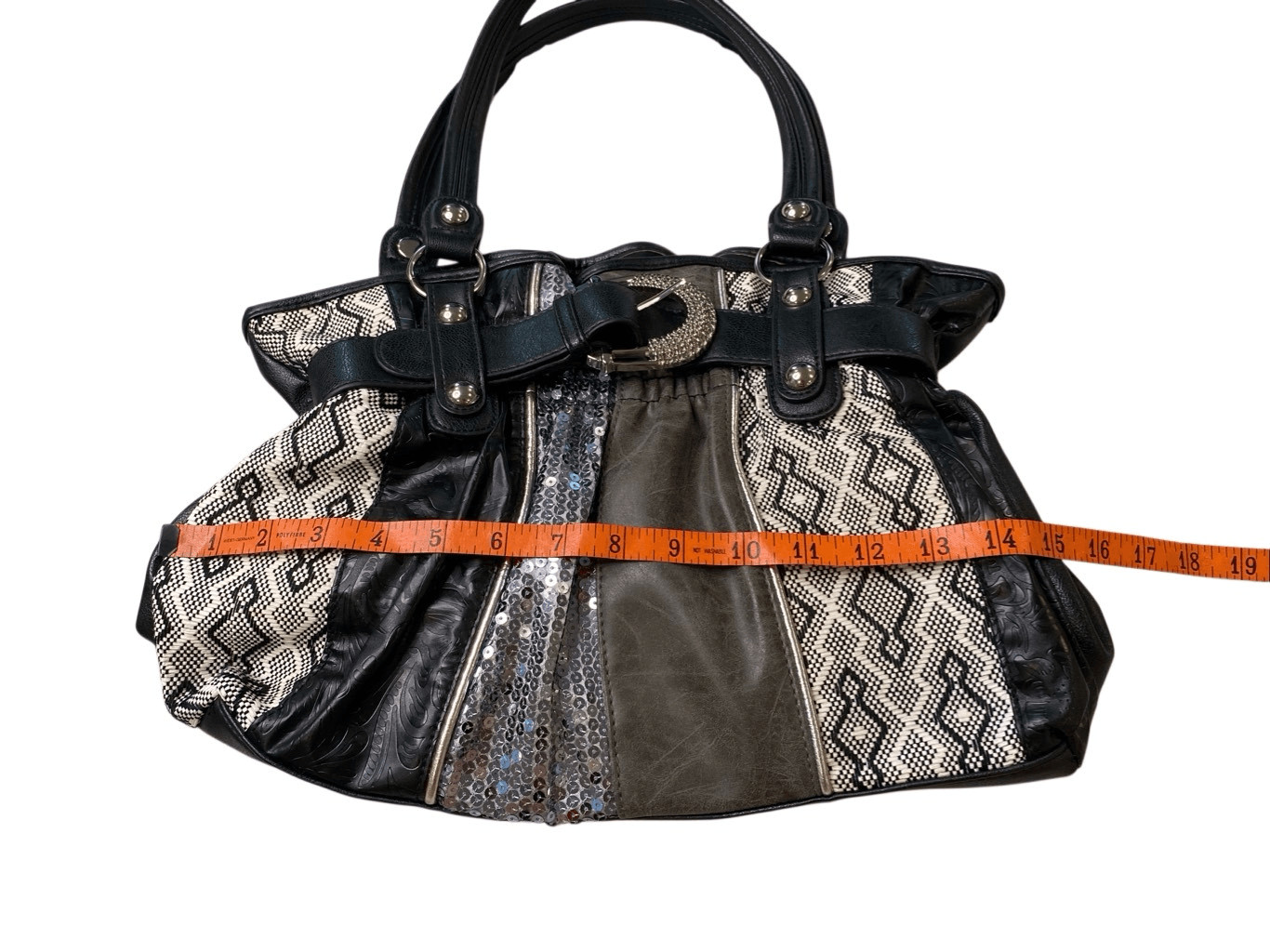 Y2K Patchwork Sequin Buckle Satchel Handbag Faux Leather Purse Tote Grunge