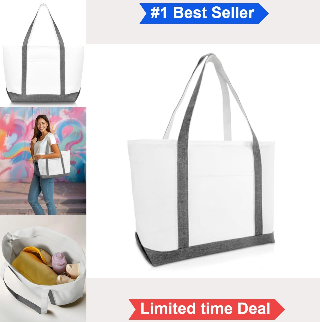 Canvas Shopping Tote Bag 23 Inch 24 oz Cotton Twill Gray Zippered Top Outer