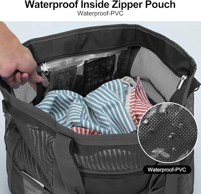 Mesh Beach Bags for Women – Plus Waterproof Sandproof Tote Bag with Zip