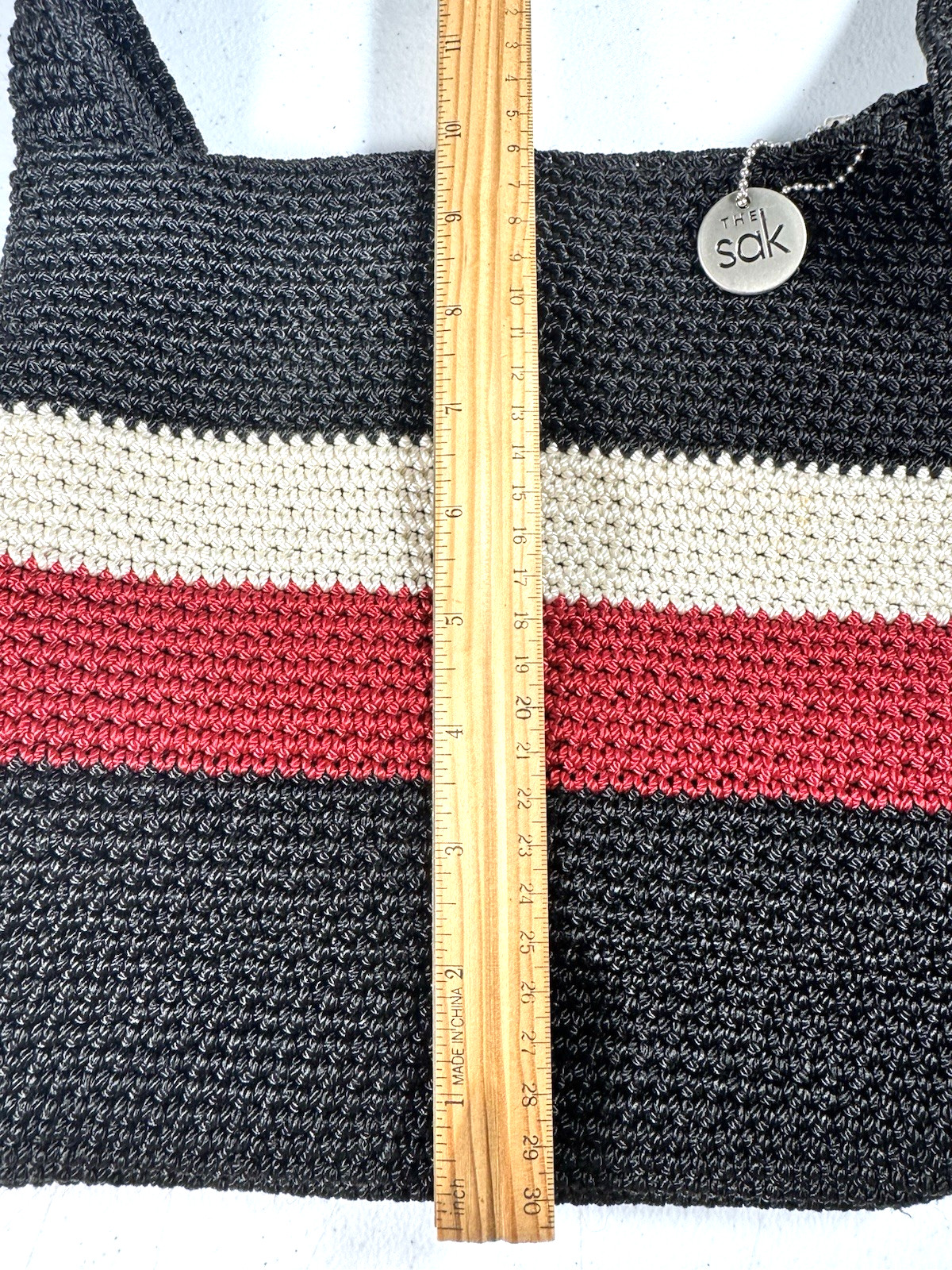 The Sak Crochet Macrame Boho Shoulder Bag Purse Black Red Ivory