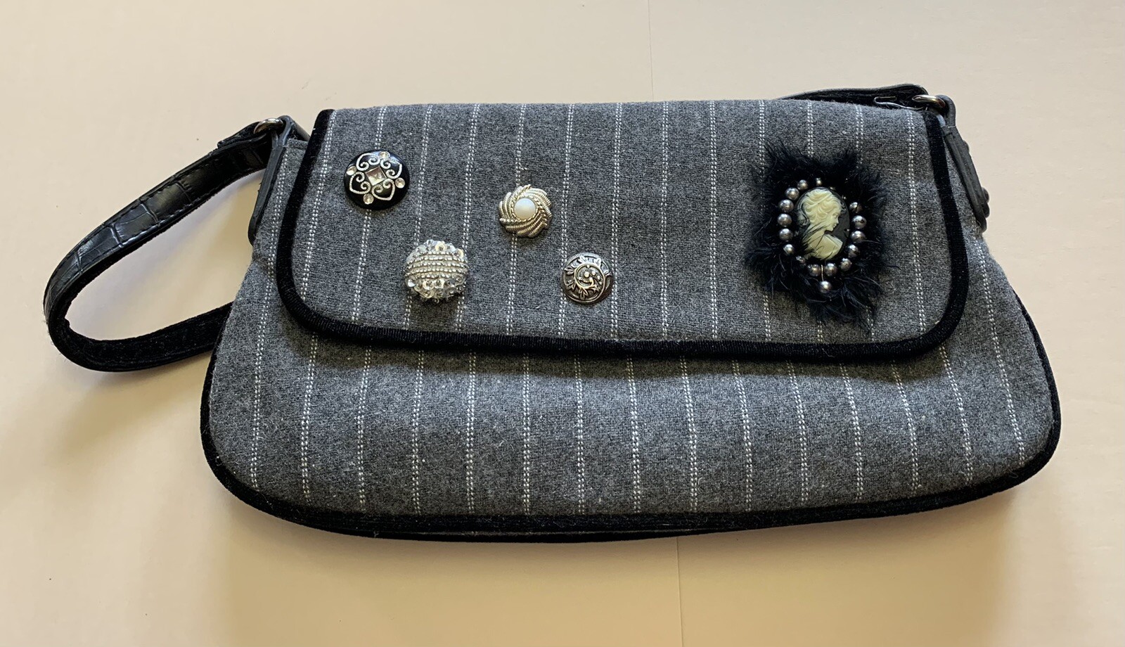 Gray And White Wool Pinstripe Shoulder Bag
