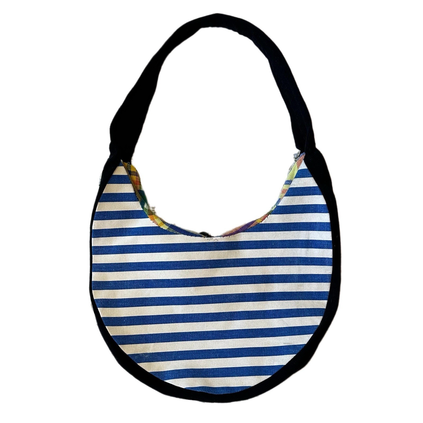 Handmade Reversible Sides Striped Blue Green Plaid Lining Crescent Hobo Purse