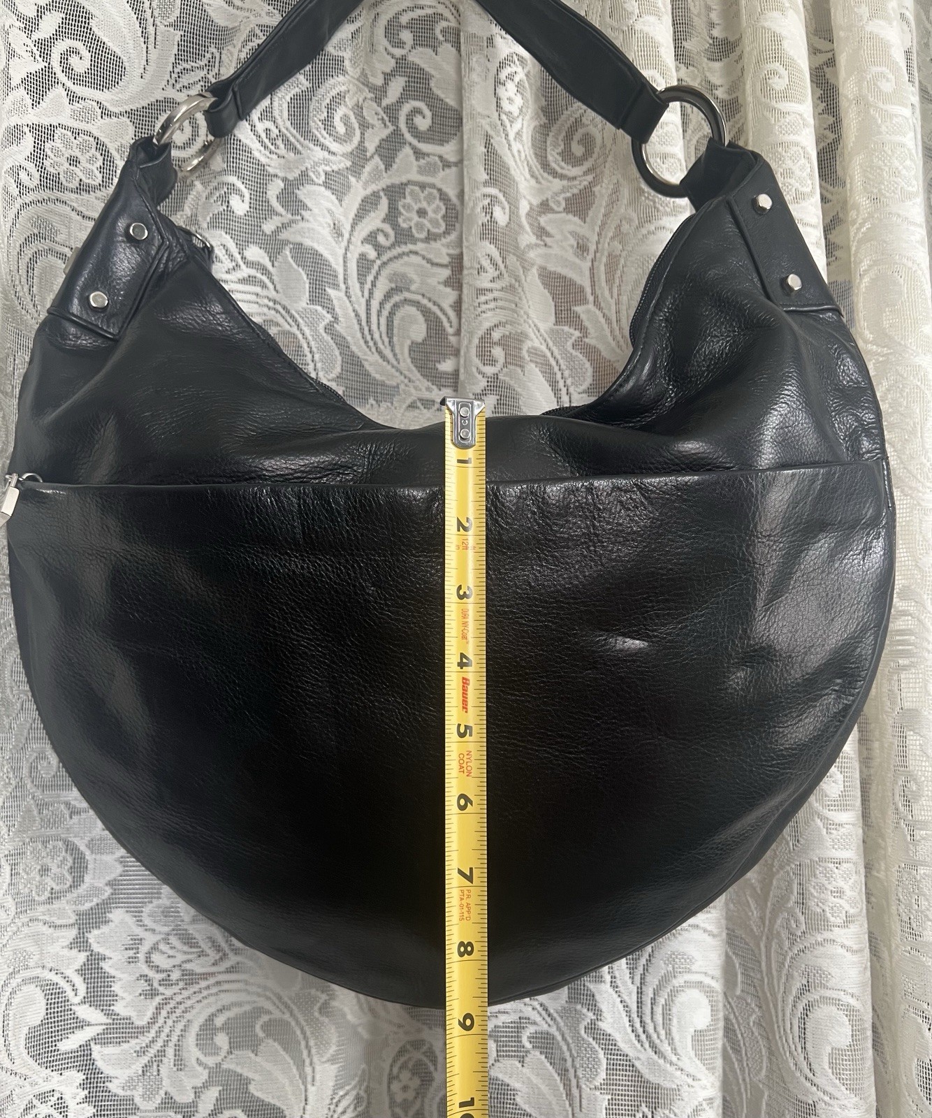 Vintage Perlina Black Leather Crescent Shoulder Bag W/ Brushed Silver Hardware