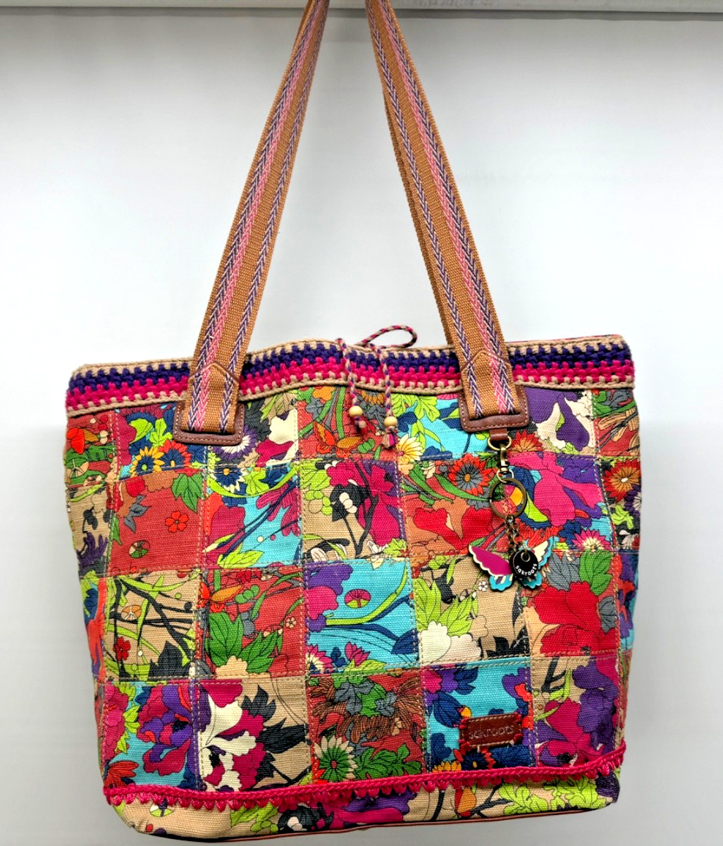 SAKROOTS Large Tote Colorful Jute Blend Fabric 2 Handles Butterfly Charm