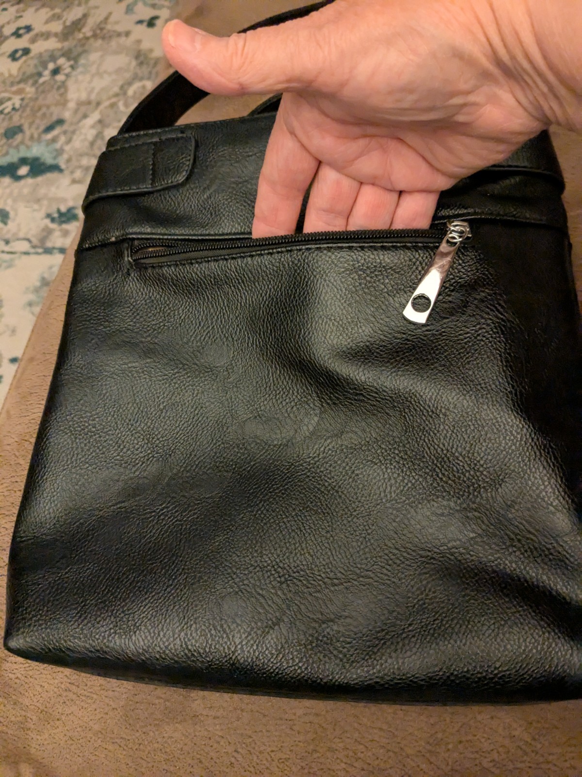 Biker/Motorcycle Black Leather Purse, White/Red Rhinestones, Shoulder Strap, EUC