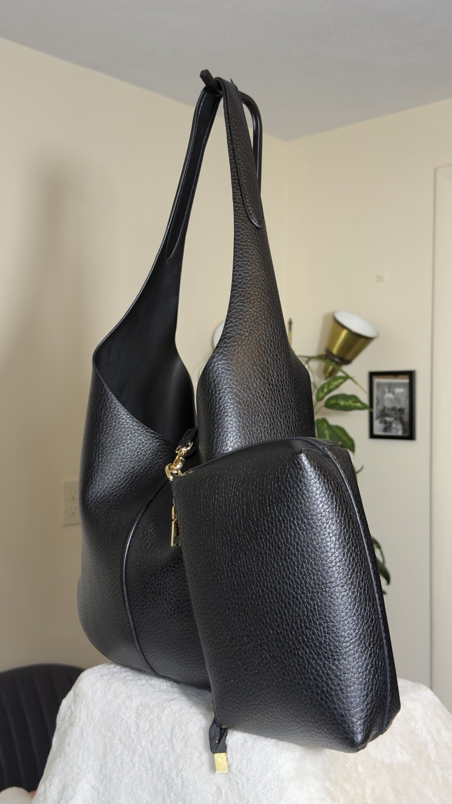 Black Pebbled Leather Slouchy Hobo Bag Minimalist Shoulder Tote With Zip Pouch