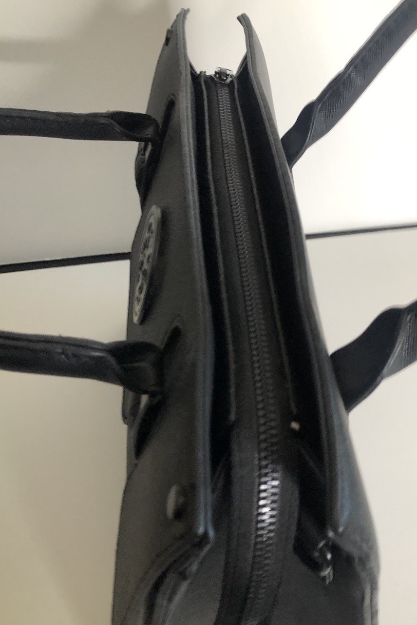 Black Purse Handbag Zip Top Pockets Double Handle Cloth Lined 12 X 10 Inches