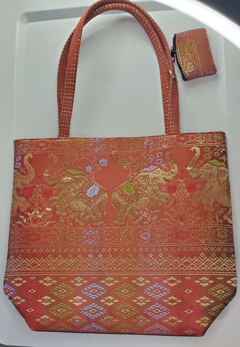 Thai silk style traditional shoulder bag elephant pattern w/coin pouch