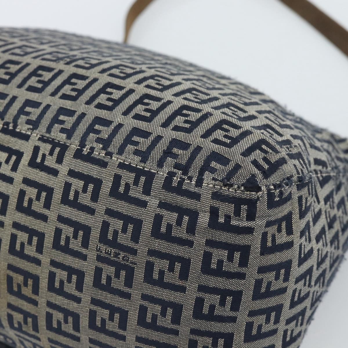 FENDI Zucchino Canvas Mamma Baguette Shoulder Bag Navy Silver Auth 185018