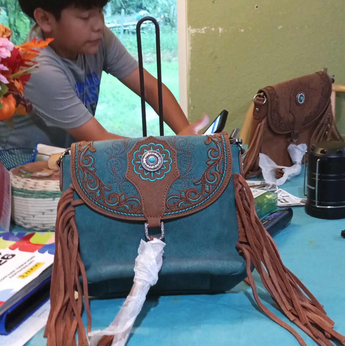 Women’s Turquoise/Brown Western Floral Fringe Crossbody Bag, Concho, Pockets