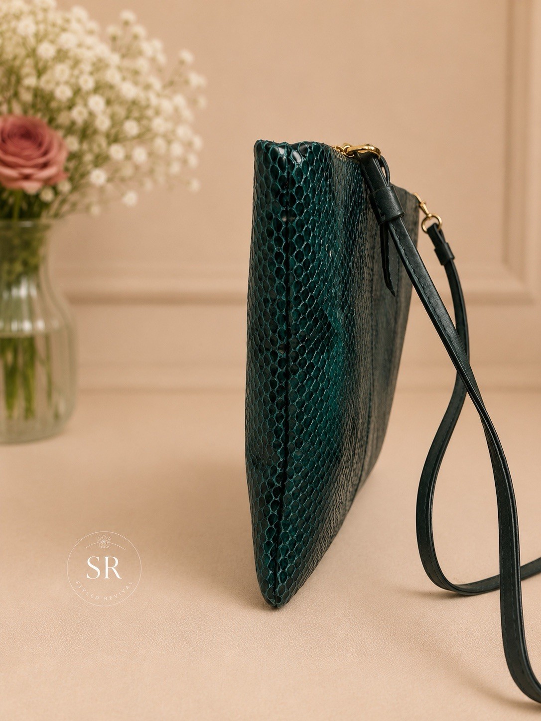 VTG Green Snakeskin Convertible Clutch Crossbody Bag Genuine Exotic Leather