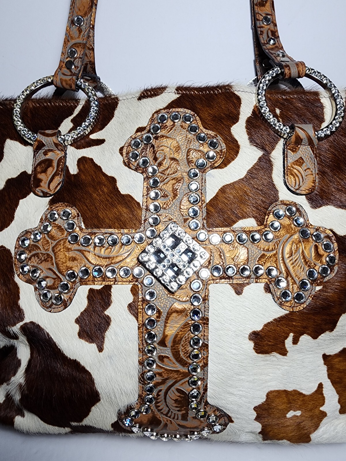 RAVIANI SUSANNE’S CRYSTAL EMBELLISHED 3D CROSS & ROSES CALF HAIR ON LG TOTE $545