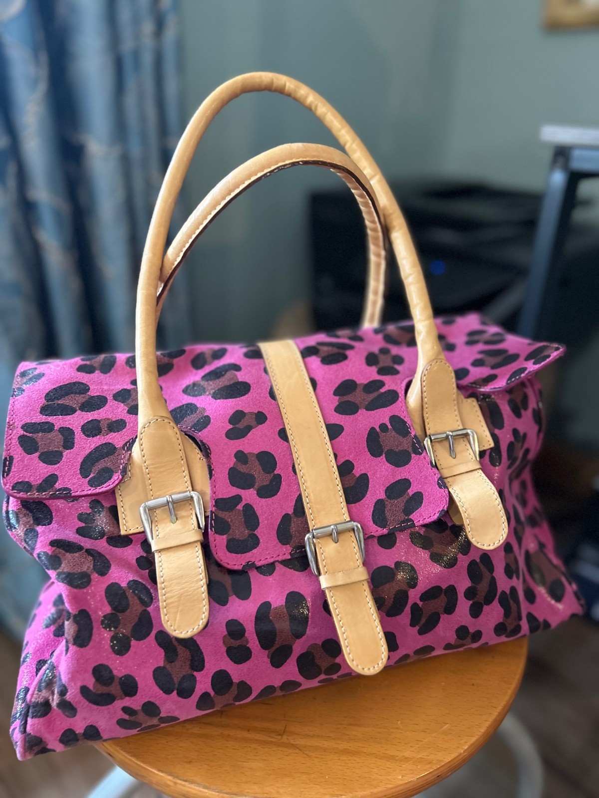 Maurizio Taiuti Leopard Leather Handbag Made in Italy Satchel Style 16x10x5 New