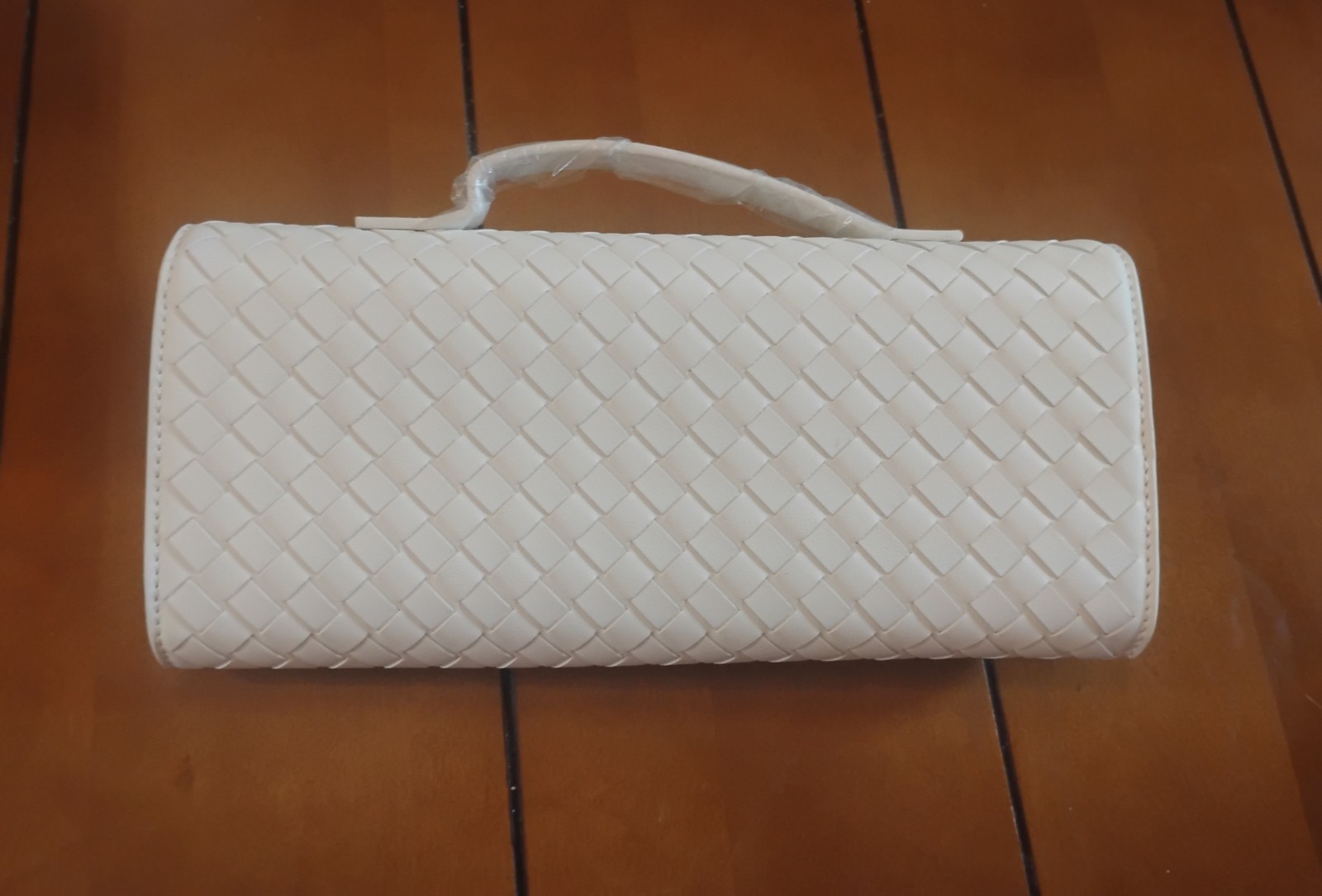 New Moda East West Woven Clutch w/Crossbody Strap + Handle Cream Vegan Leather