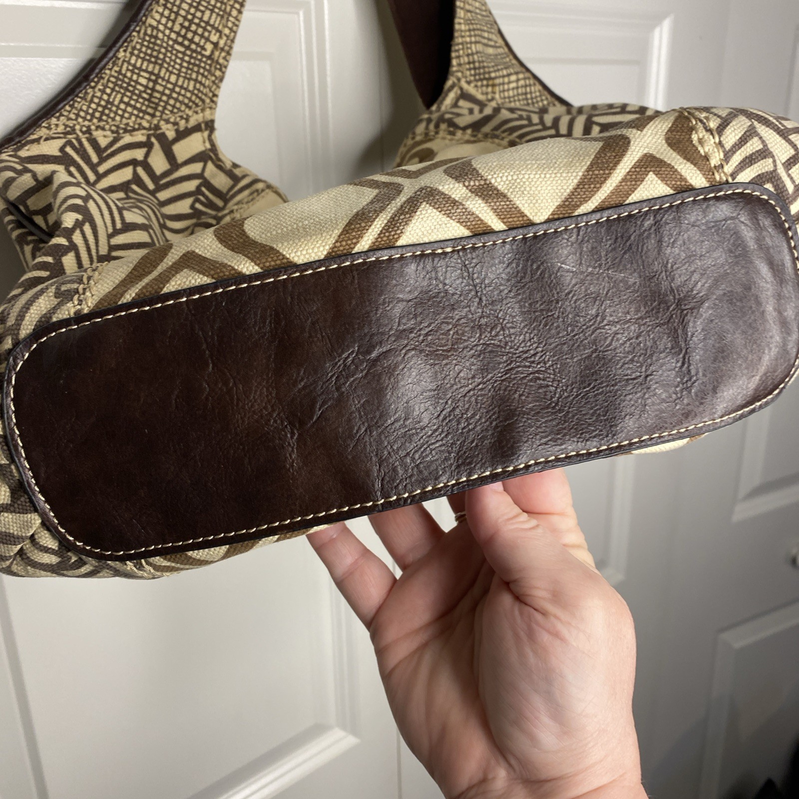 Fossil ARI Embellished Tribal Geometric Canvas Hobo Shoulder Bag Tote Brown