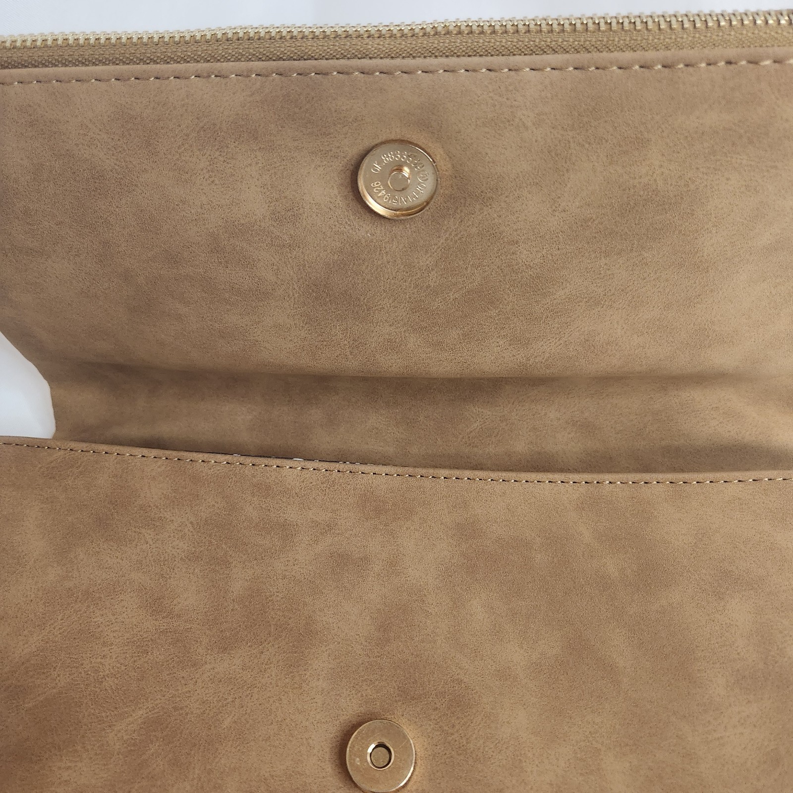 Tan Faux Suede FoldOver Crossbody Laser Cut Purse 11.5″ x 7.25″ Adjustable Strap