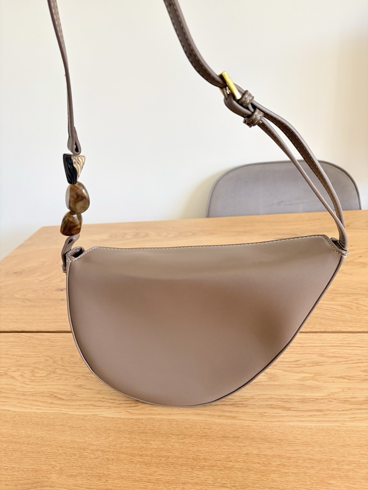 ZARA Taupe Asymmetric Half Moon Shoulder Bag Resin Beads Strap 6243/410/500