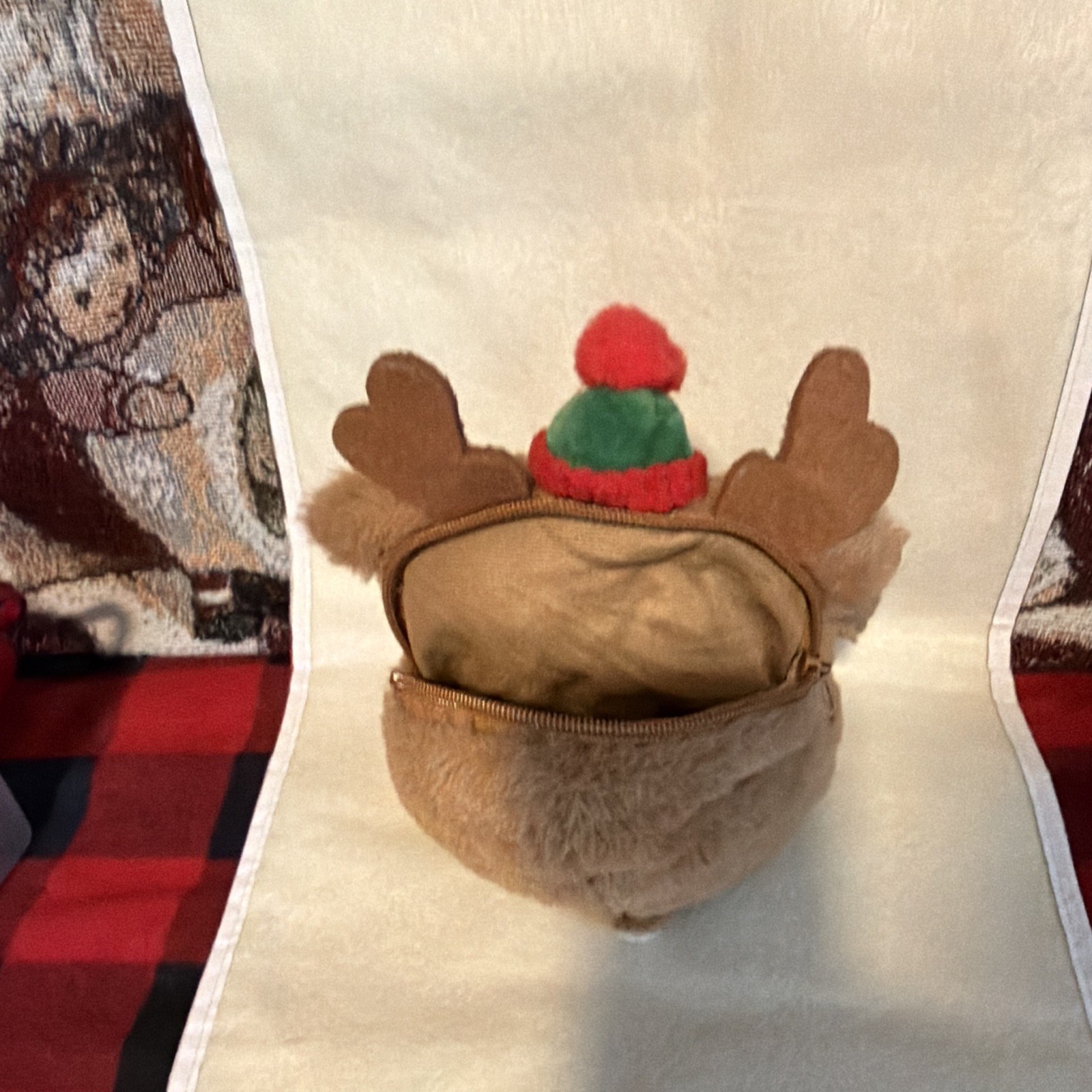 Brown Plush Reindeer Zip Pouch Bag w/ Antlers Red/Green Hat, Women