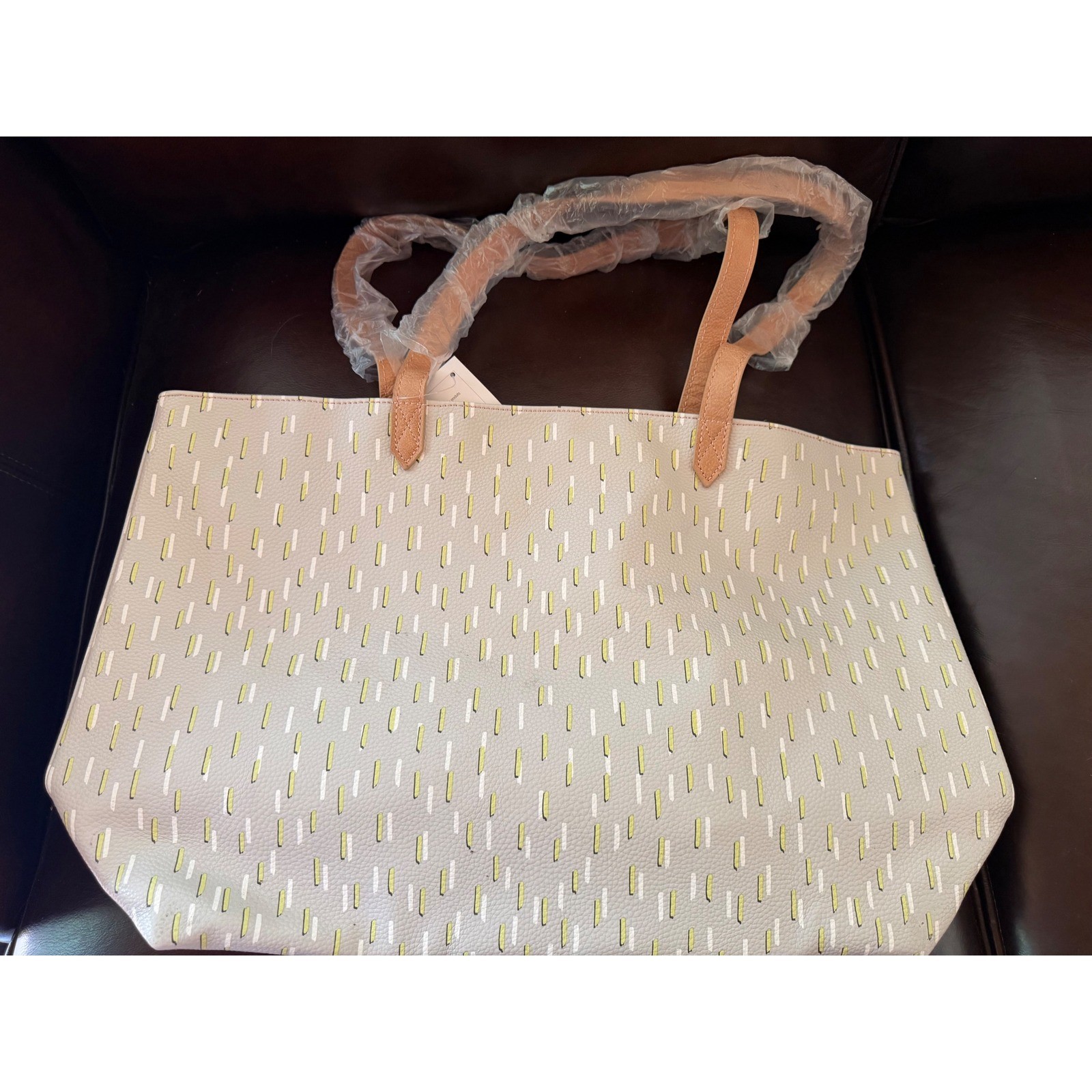 Thirty-One Around Town Tote Gray Lime Green Dashed Faux Leather Shoulder Bag