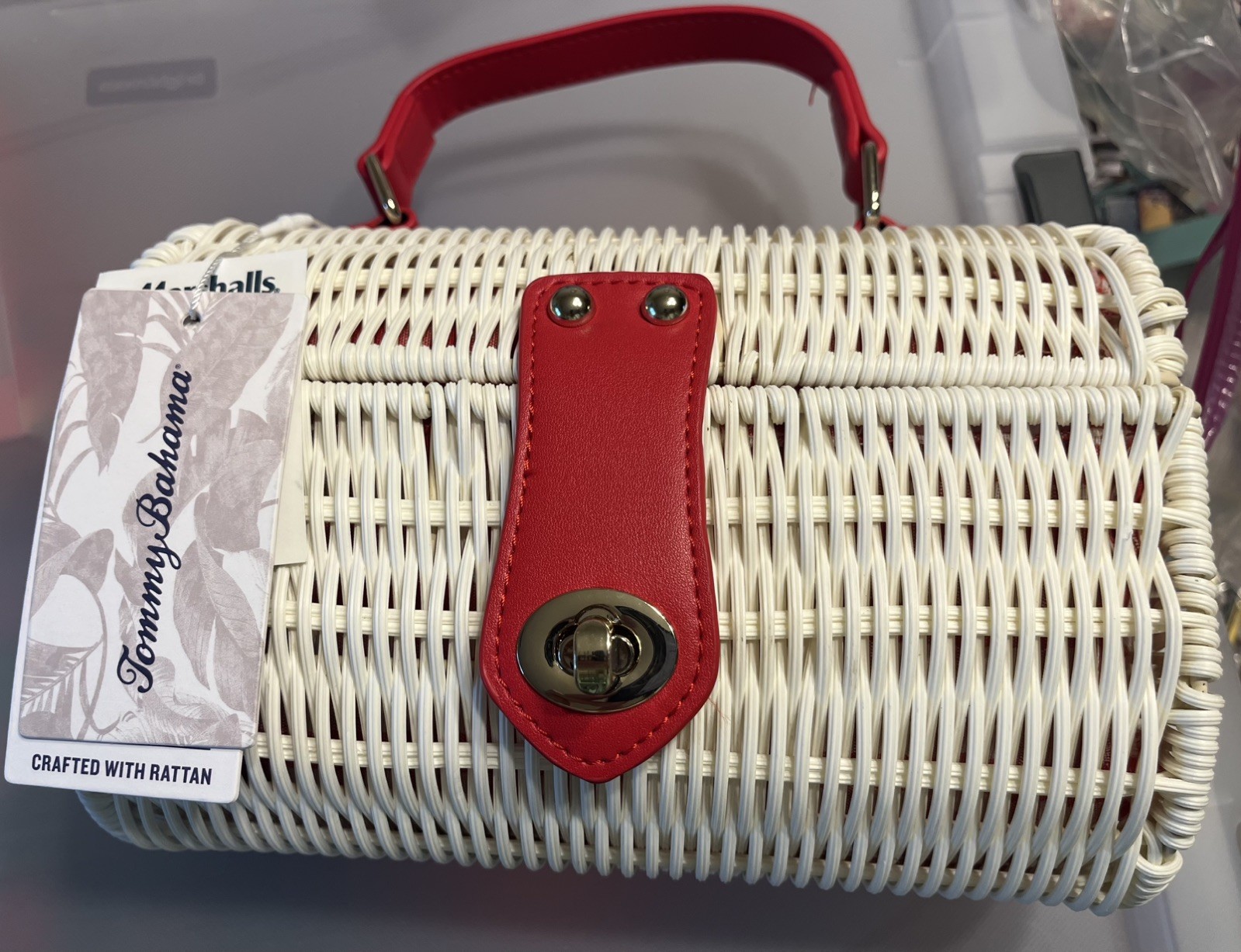 TOMMY BAHAMA RED AND WHITE RATTAN WICKER WOVEN PICNIC BASKET CROSSBODY SATCHEL