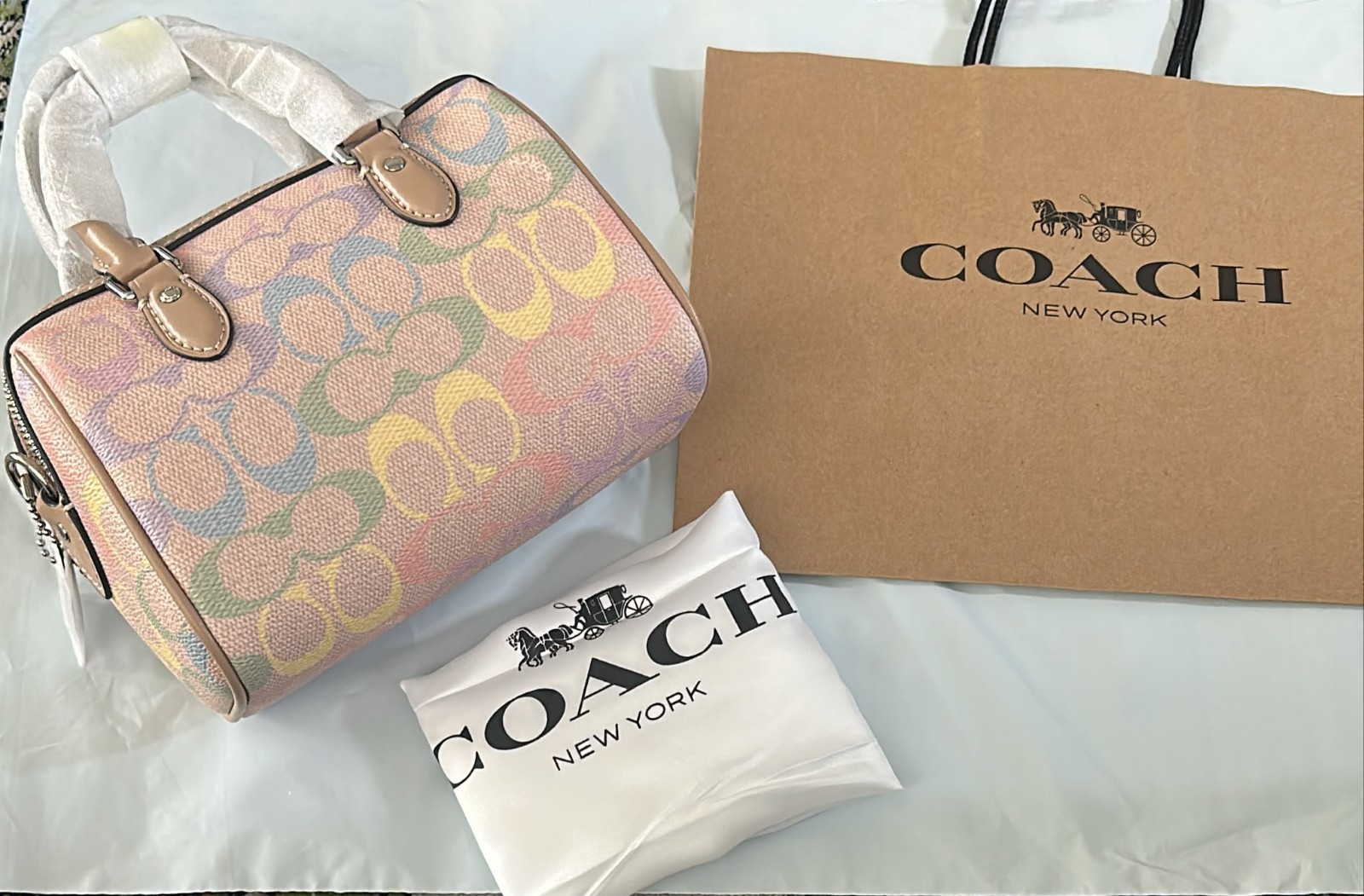 NWT Coach Rowan Satchel Bag In Rainbow Signature Canvas CDA90 Sand Multi