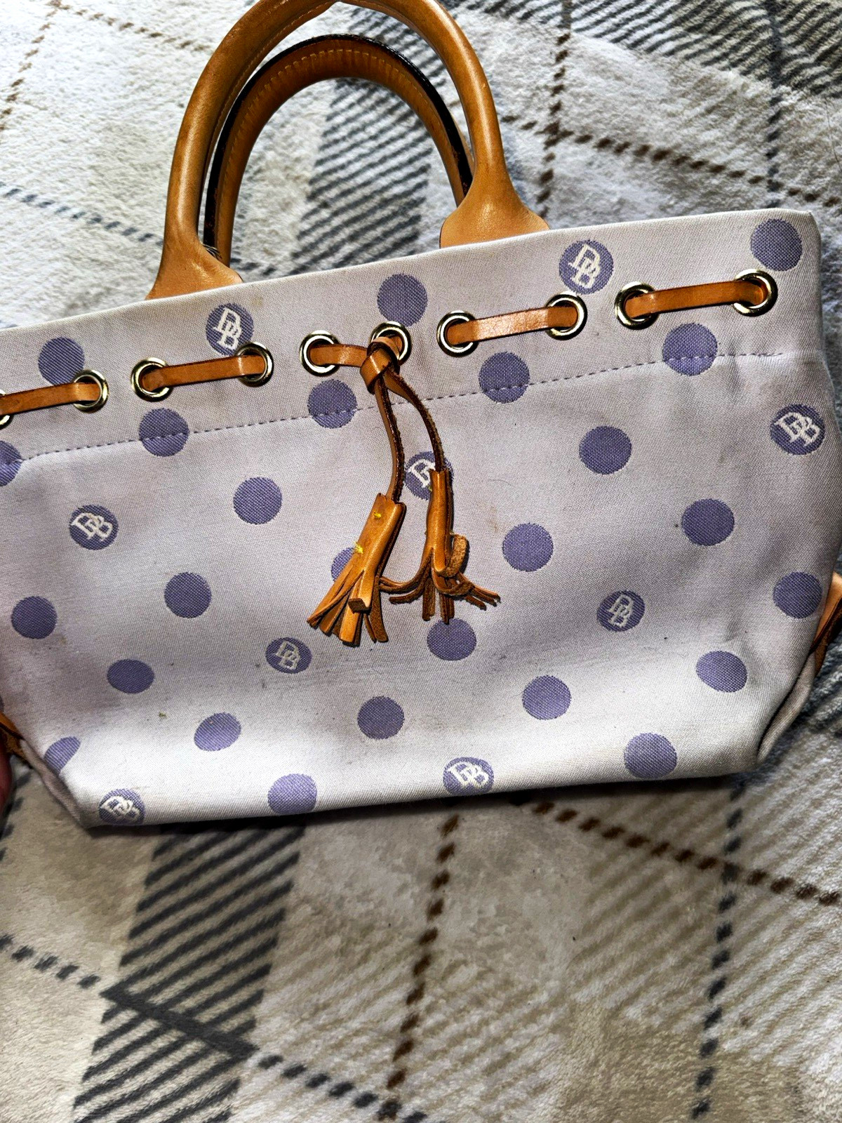 White Purple Polka Dot Satchel Top Handle Bag Tan Leather Handles Gold Hardware