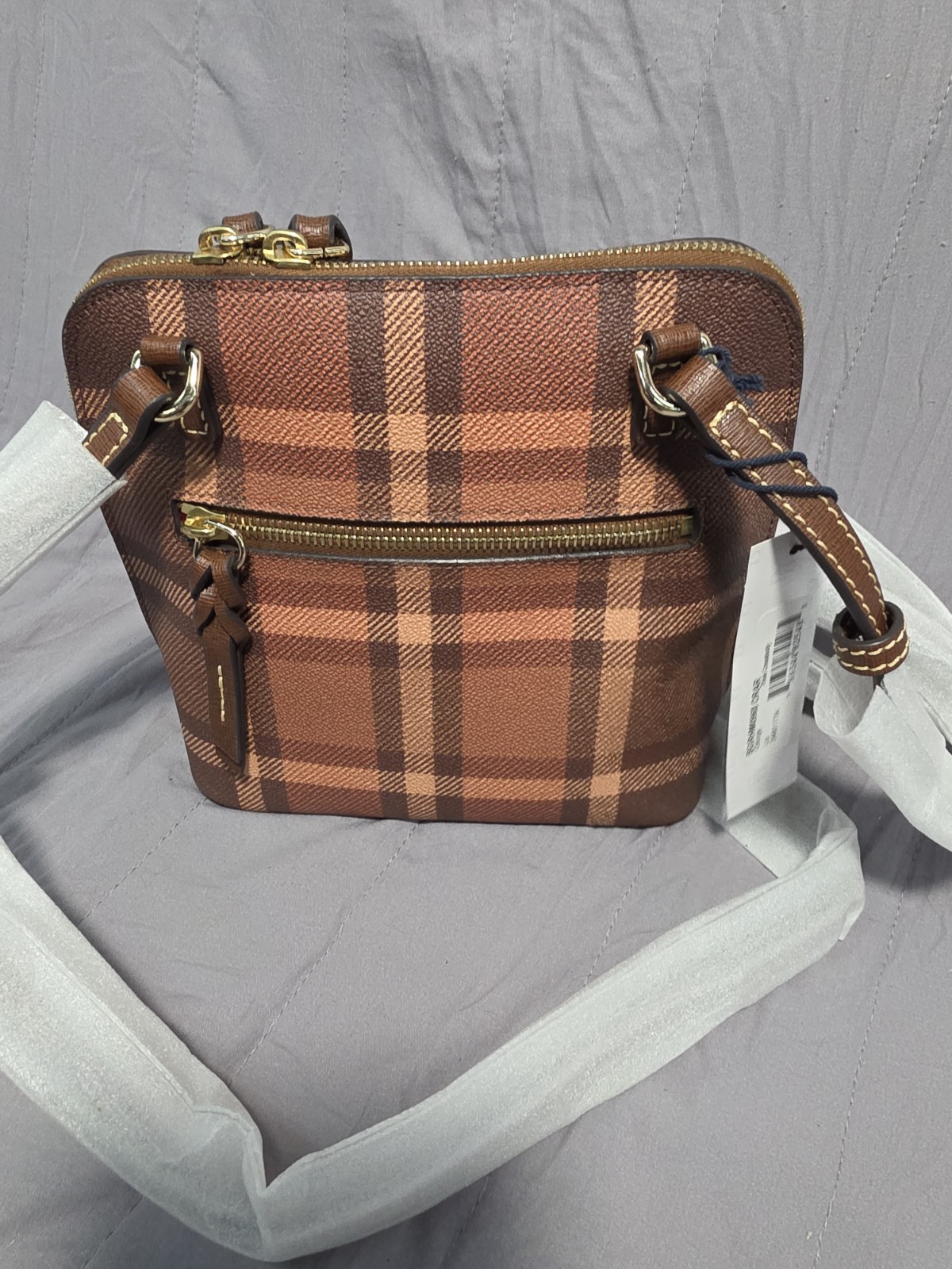 Dooney & Bourke Brown Plaid Shoulder Bag with Logo Plaque, Zipper, Red Lining