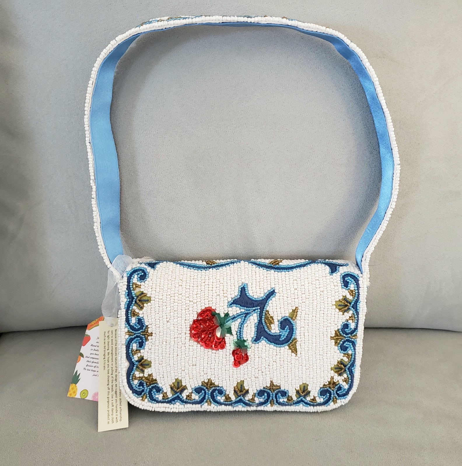 Handcrafted in India Raspberry Vine Beaded Sequin Shoulder Bag White Blue Red