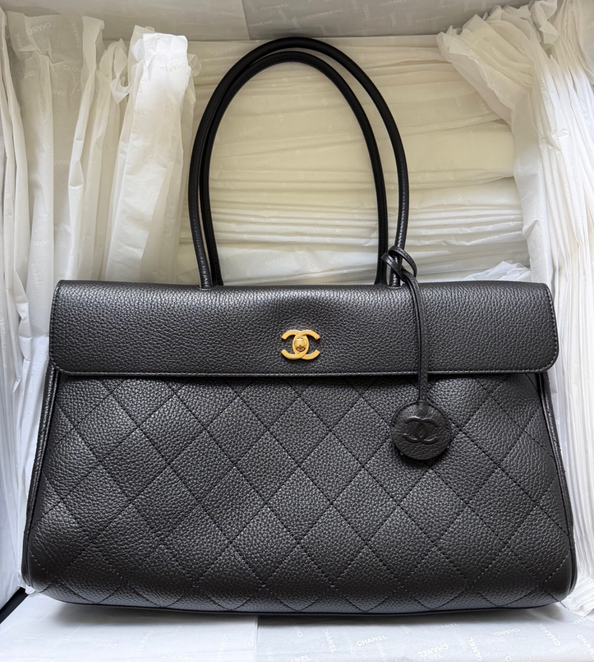 Chanel 26A Large Urban Essential East West Black Caviar Quilt Shopping Tote Bag