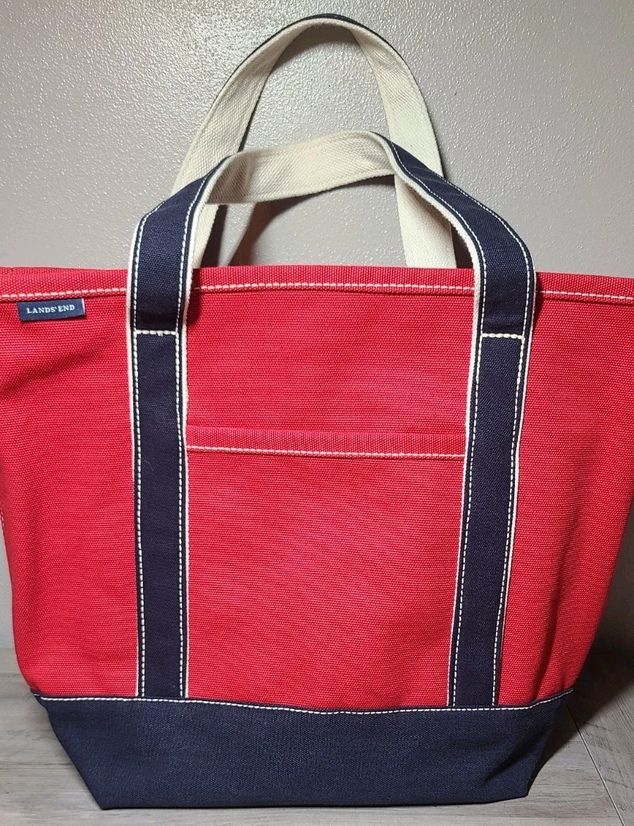 Lands’ End Red & Navy Blue Canvas Tote Boat Bag Travel 14×15
