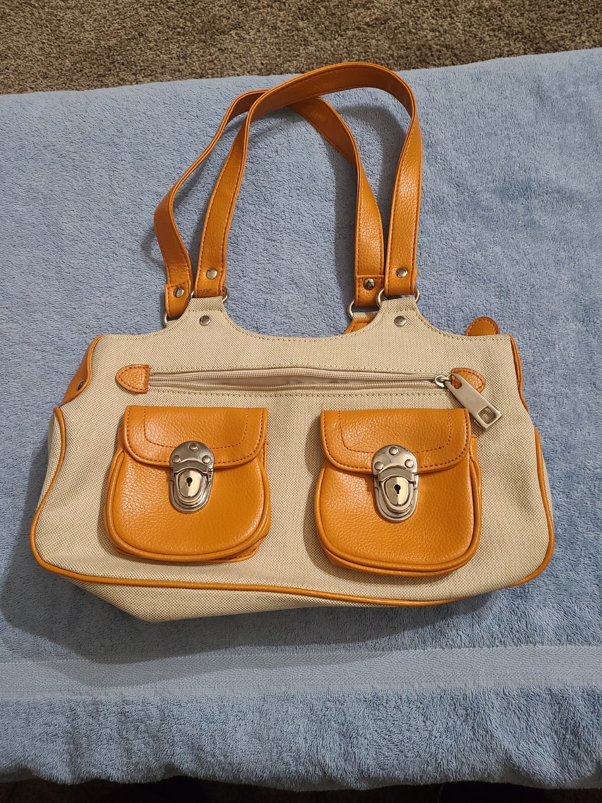 Linen Retro Look Tan And Orange Purse With Chunky Silver Hardware 60s 70s