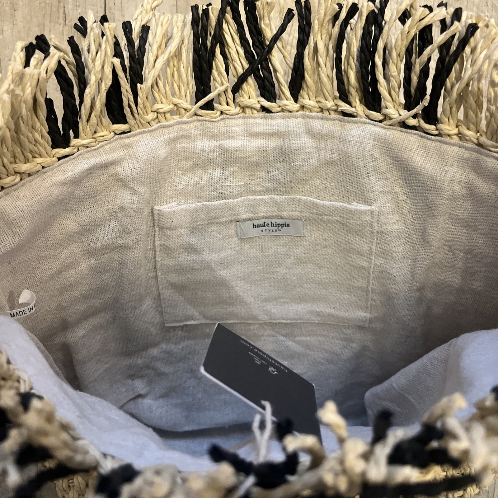 Haute Hippie Beige Black Stripe Raffia Straw Tote Bag Travel Beach Shopping