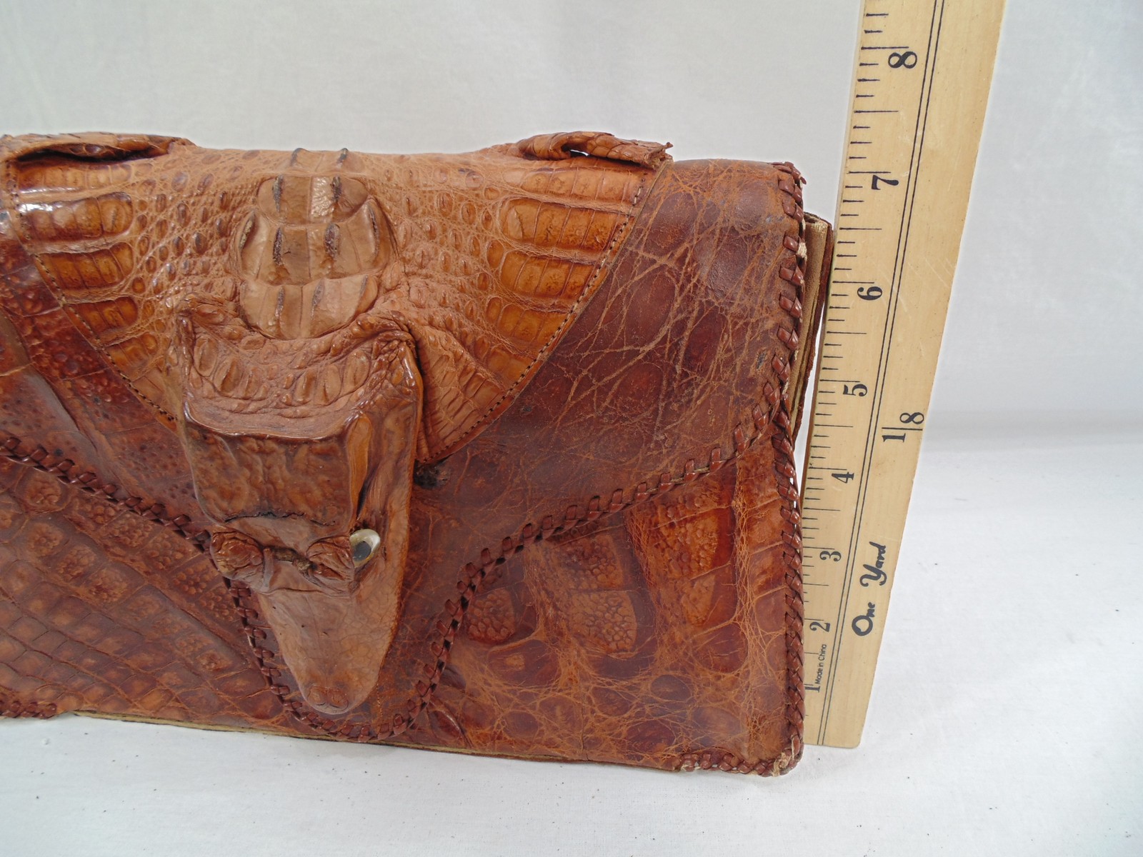 Vintage Alligator Crocodile Head Leather Handbag Bag Purse Missing Strap