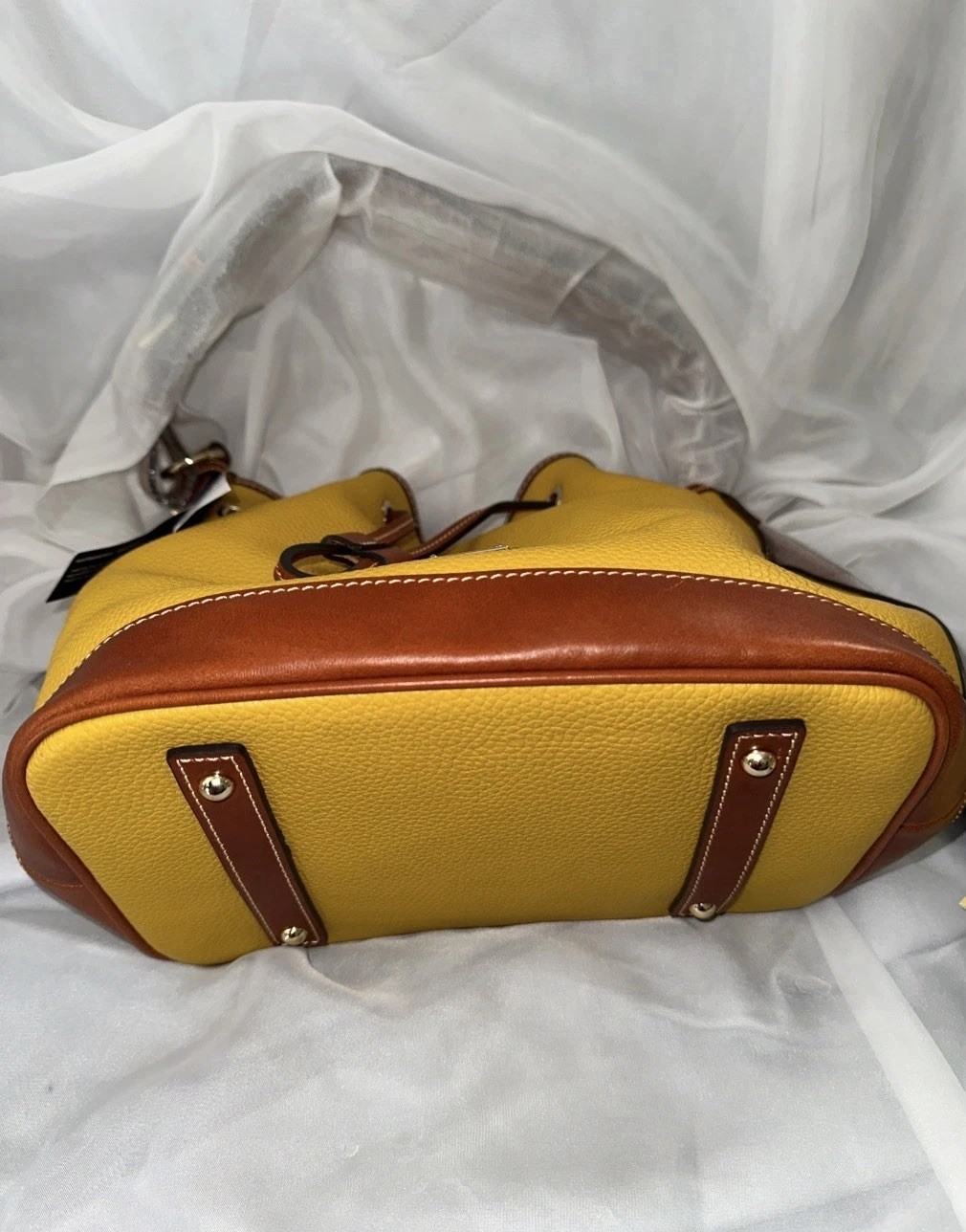 DOONEY & BOURKE ITALIAN LEATHER DRAWSTRING PEBBLED BAG MUSTARD/BRN BNWT